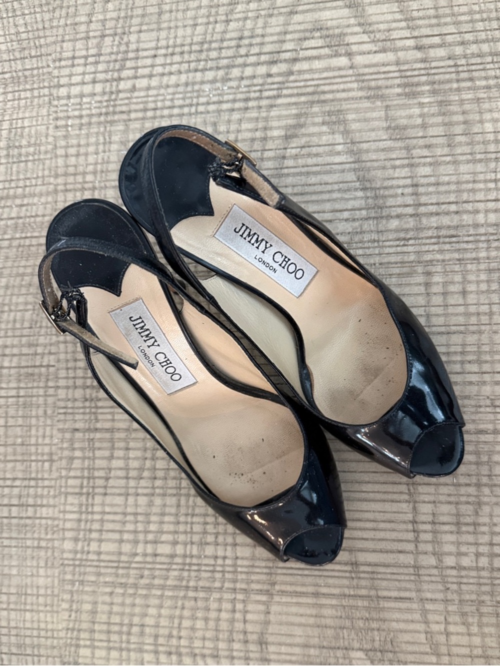 Jimmy Choo Black Patent Peep-Toe Slingback Heels with Ankle Strap